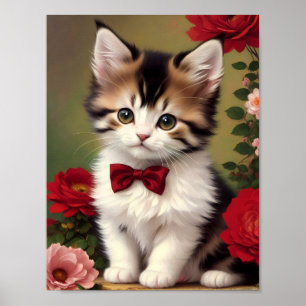 Póster Un gatito lindo vestido con un arco rojo