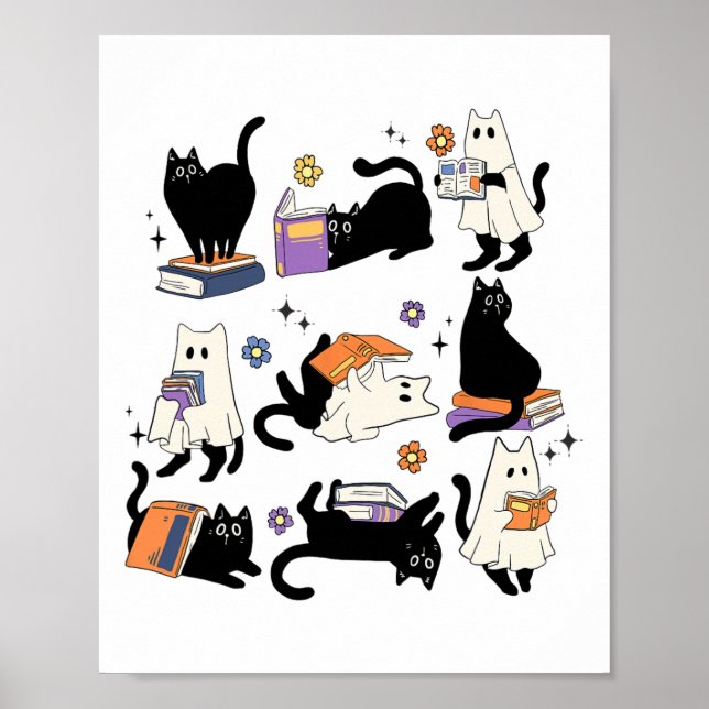Póster Un gatito negro fantasma leyendo libros Halloween (Frente)