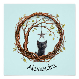 Póster Un gatito negro lindo mirando una estrella