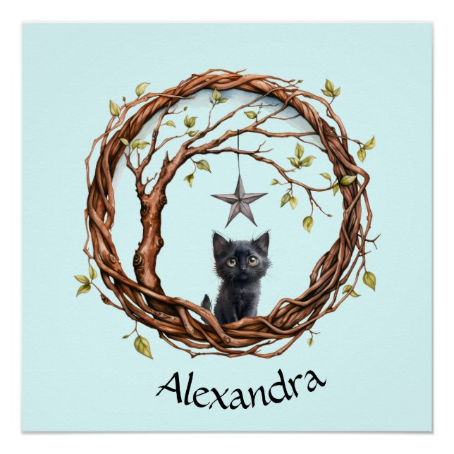 Póster Un gatito negro lindo mirando una estrella (Anverso)