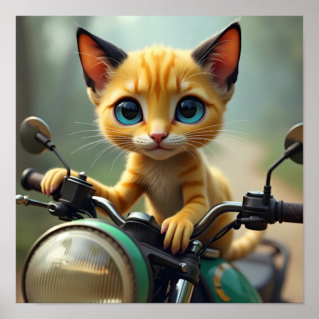 Póster Un gato amarillo con orejas negras y grandes ojos  (Frente)