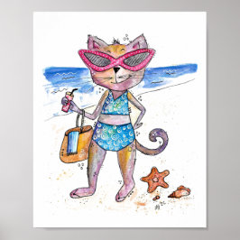 Póster Un gato caprichoso en la playa