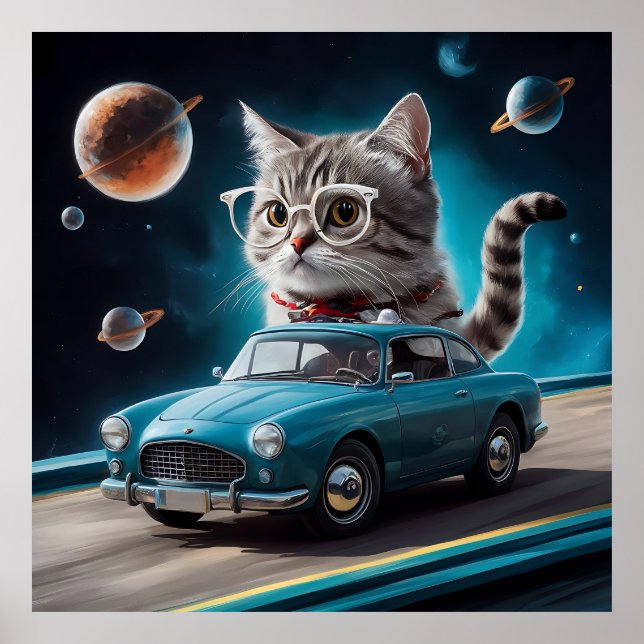 Póster Un gato con gafas conduciendo un auto en... (Frente)
