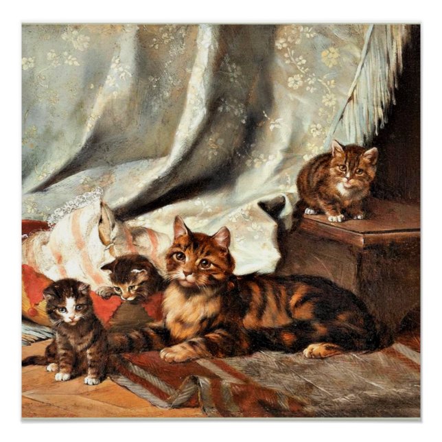 Póster Un gato con tres gatitos, arte fino (Anverso)