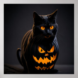 Póster Un gato de Halloween a rayas negras y naranjas