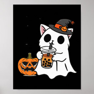 Póster Un Gato De Halloween Con Vestido De Fantasma Beber