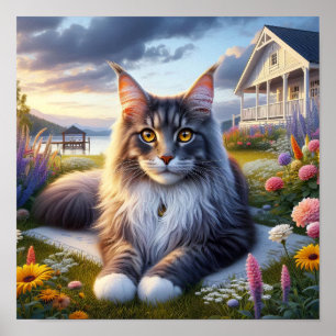 Póster Un gato de Maine descansando en un tranquilo campo