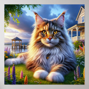Póster Un gato de Maine descansando en un tranquilo campo