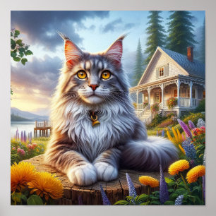 Póster Un gato de Maine descansando en un tranquilo campo