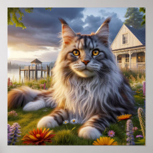 Póster Un gato de Maine descansando en un tranquilo campo