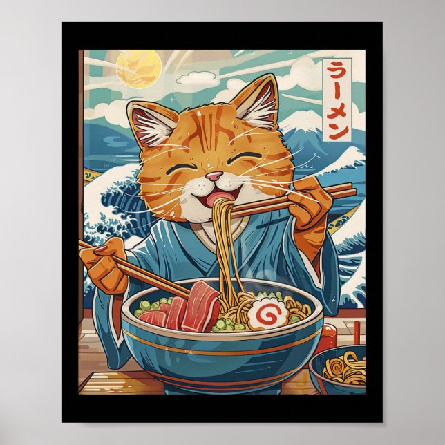 Póster Un gato de Ramen japonés tierno, la gran ola (Frente)