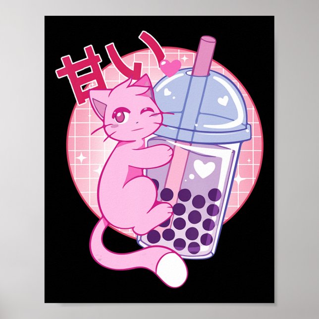 Póster Un gato divertido Boba Tea Bubble Tea Anime Kawaii (Frente)