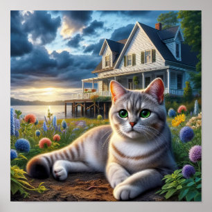 Póster Un gato doméstico de pelo corto en un ambiente rur
