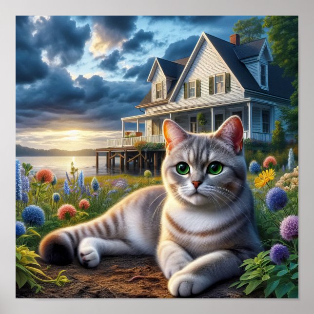 Póster Un gato doméstico de pelo corto en un ambiente rur (Frente)