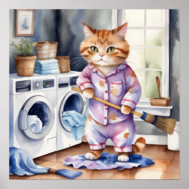 Póster Un gato gracioso en pijamas lavando ropa