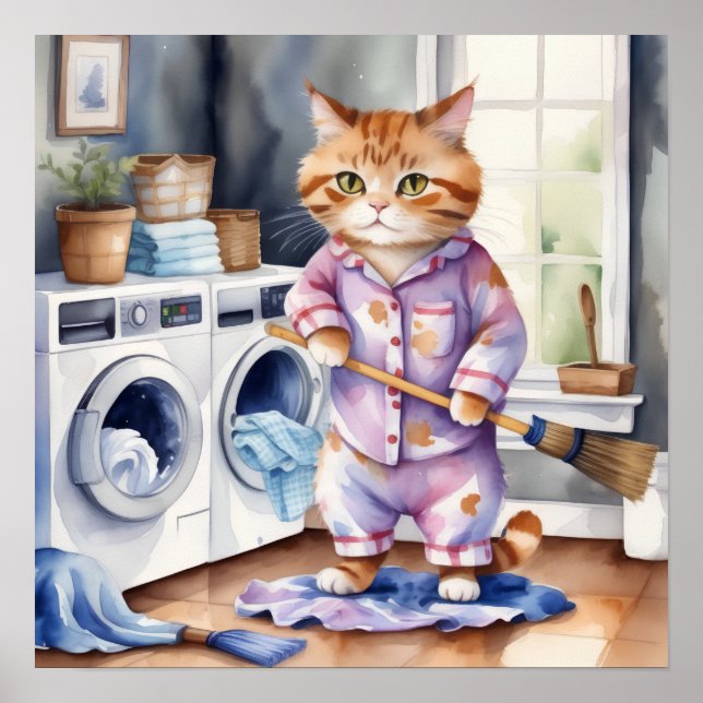 Póster Un gato gracioso en pijamas lavando ropa (Frente)