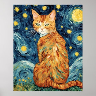 Póster Un gato jengibre en la noche estrellada