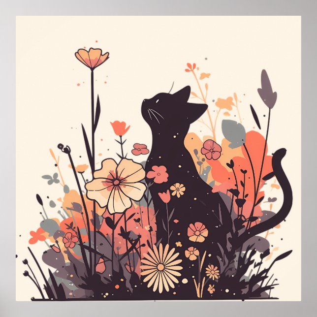 Póster Un gato kawaii en el campo lleno de flores (Frente)