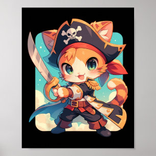 Póster Un gato lindo como el pirata Kawaii Anime