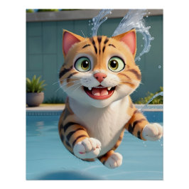 Póster Un gato lindo que vuela nadando en la piscina dive
