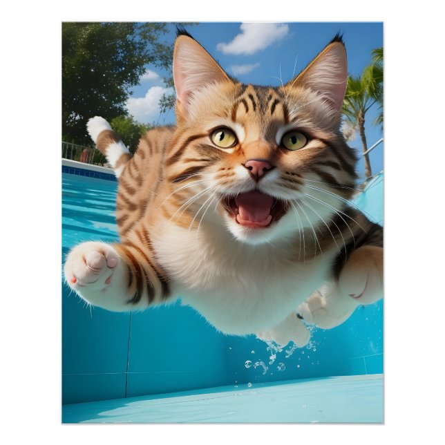 Póster Un gato lindo que vuela nadando en la piscina dive (Anverso)