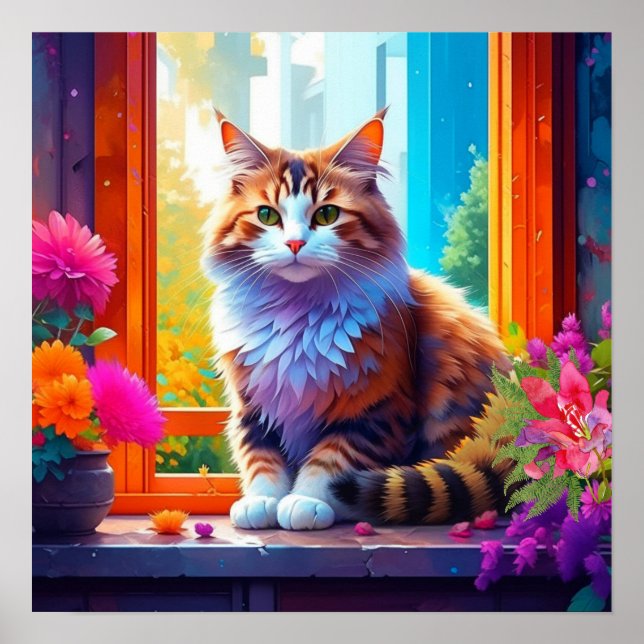 Póster Un gato lindo sentado en la ventana de la ciudad (Frente)