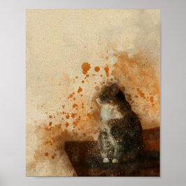 Póster Un gato lindo sentado en una mesa acuarela