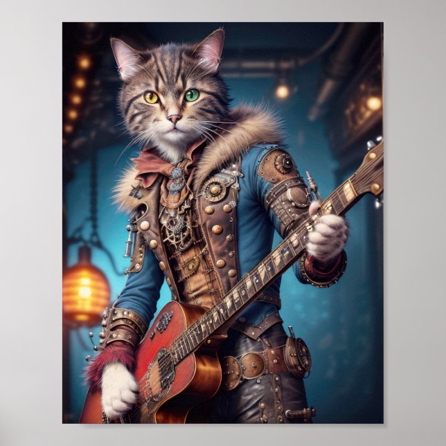 Póster Un gato músico vestido con steampunk negro tocando (Frente)