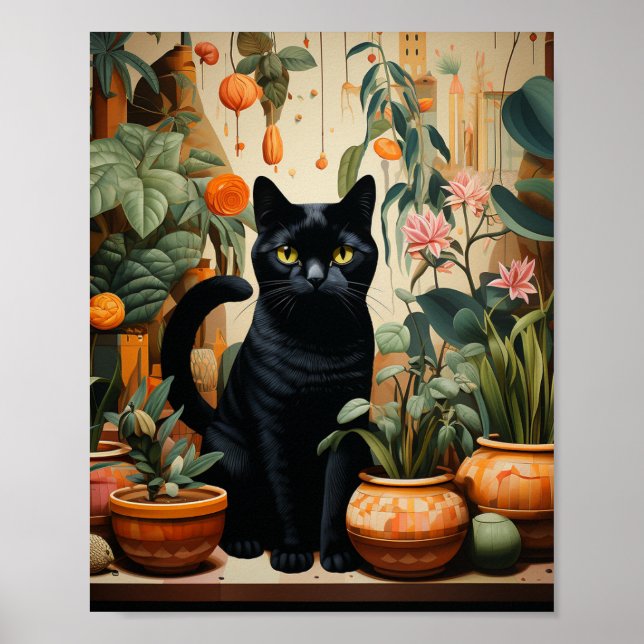 Póster Un gato negro con plantas domésticas (Frente)