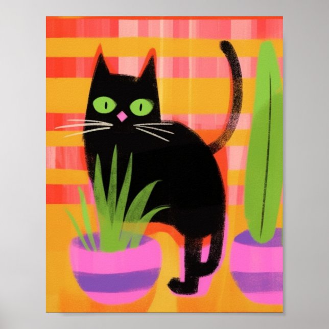 Póster Un gato negro con plantas domésticas (Frente)