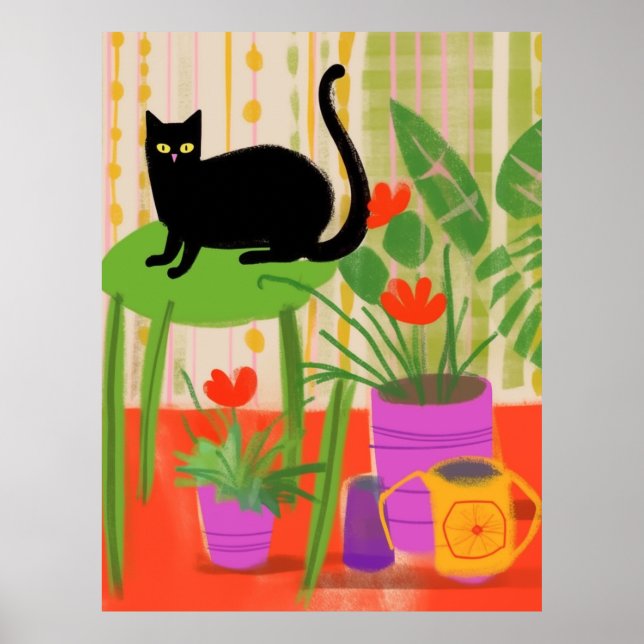 Póster Un gato negro con plantas domésticas (Frente)