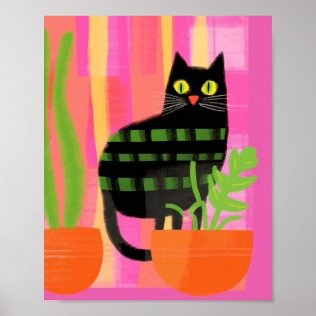 Póster Un gato negro con plantas domésticas Naranja verde (Frente)