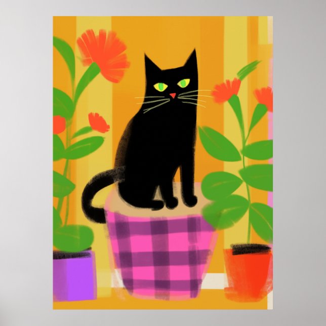 Póster Un Gato Negro Con Sillones Púrpura Rosa (Frente)