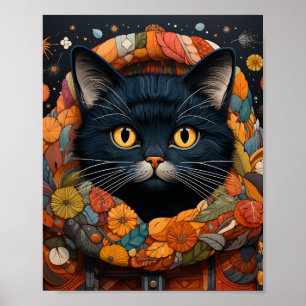Póster Un gato negro en un suéter floral