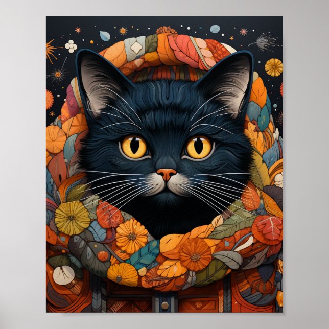 Póster Un gato negro en un suéter floral (Frente)