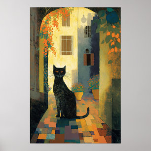 Póster Un gato negro en una aldea mediterránea