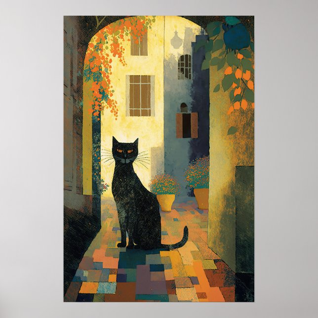 Póster Un gato negro en una aldea mediterránea (Frente)