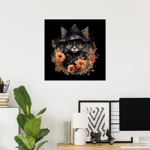 Póster Un gato negro lindo en el Gorra de una bruja
