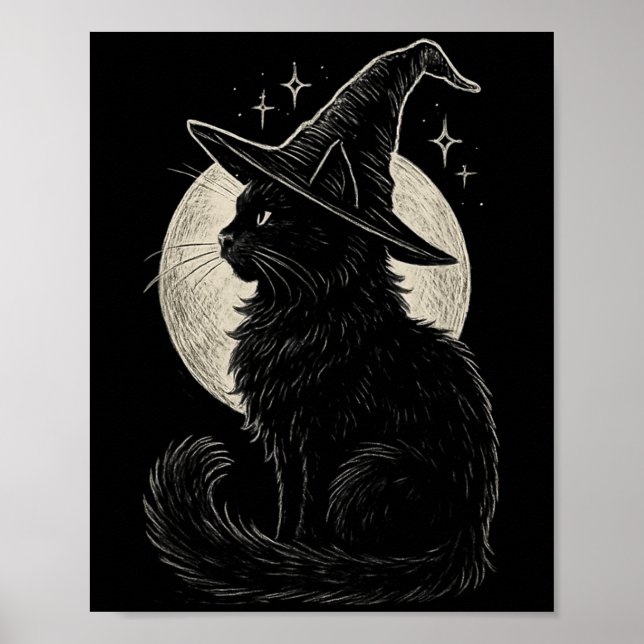 Póster Un gato negro lindo Gorra Moon Retro Coquette Boho (Frente)
