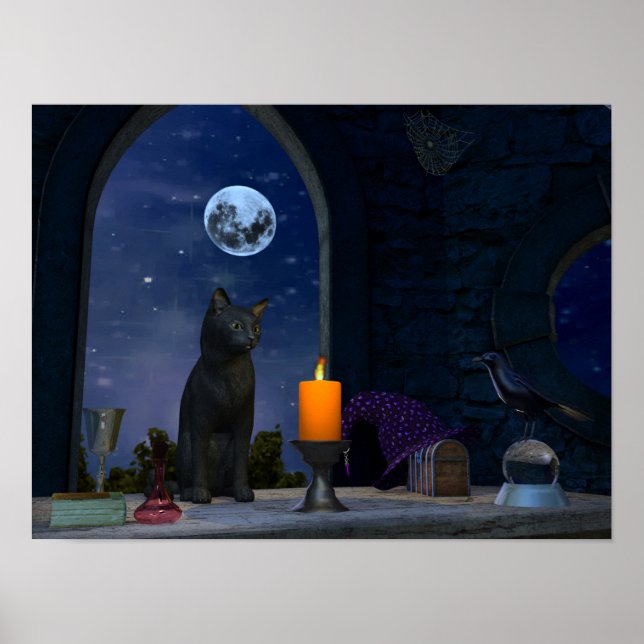Póster Un gato negro lindo mirando una vela (Frente)