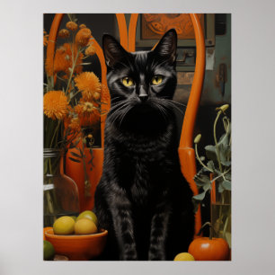 Póster Un gato negro magnífico en una silla Naranja