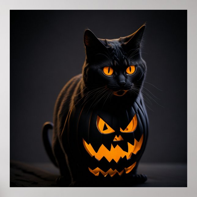 Póster Un gato negro y naranja a rayas de Halloween (Frente)
