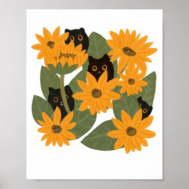 Póster Un gato negro y un Ilustracion de girasol (Frente)