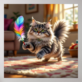 Póster Un gato suave y suave persiguiendo a una pluma