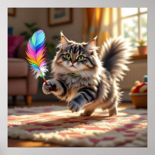 Póster Un gato suave y suave persiguiendo a una pluma