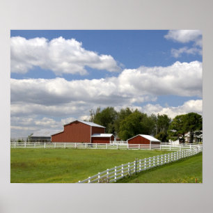 Póster Un granero rojo y una granja en Pamona, Kansas.