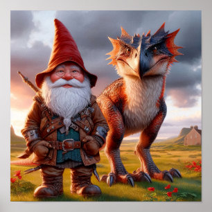 Póster Un guerrero de Gnome posa con su dragón