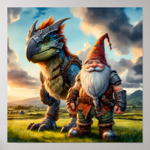 Póster Un guerrero de Gnome posa con su dragón