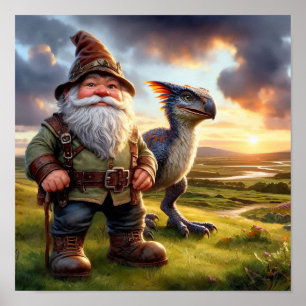 Póster Un guerrero de Gnome posando con su dragón