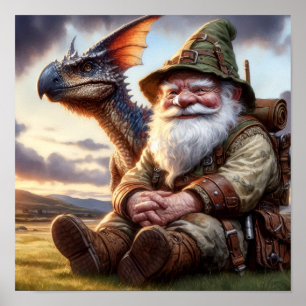 Póster Un guerrero de Gnome posando con su dragón